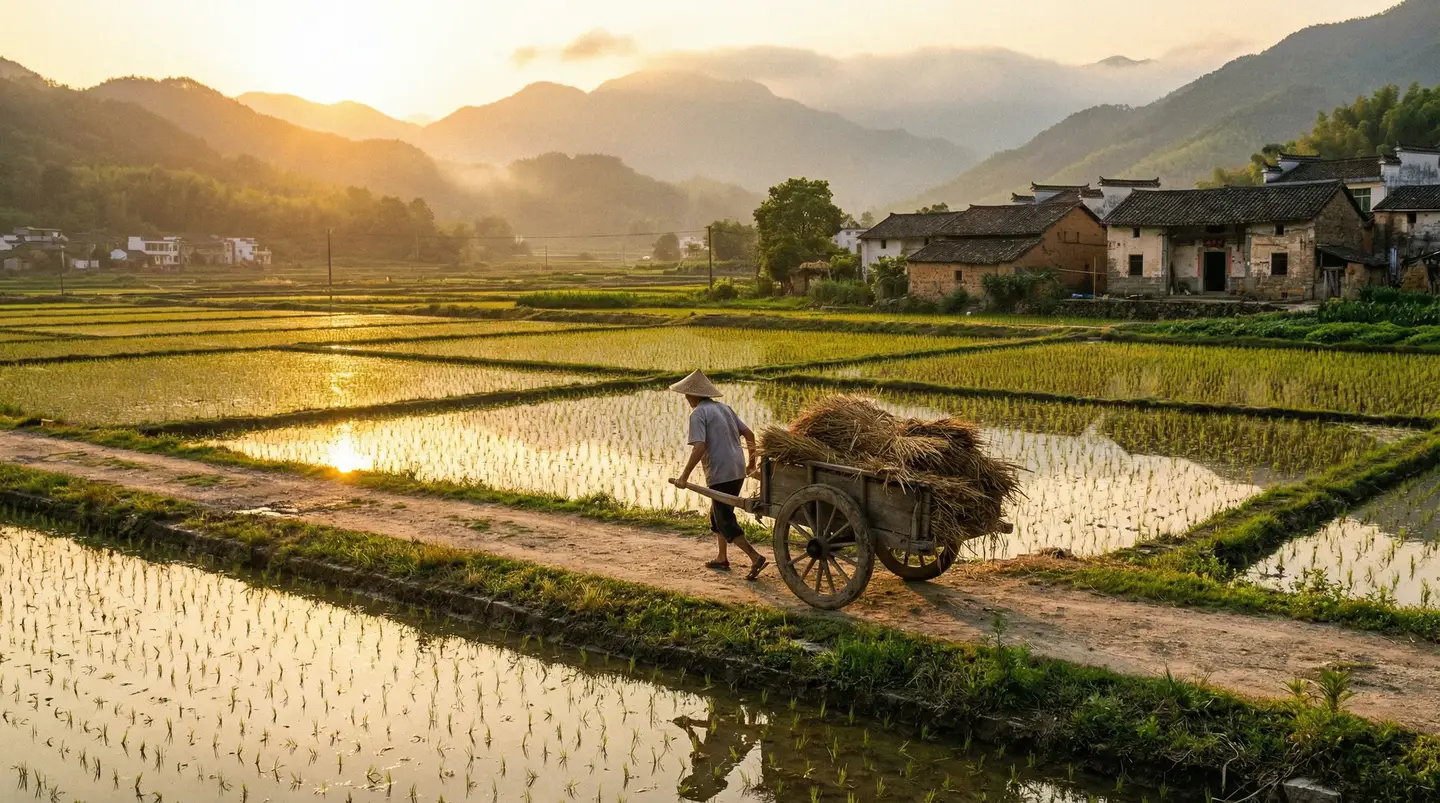 微信头像国旗渐变怎么弄 - 金色夕阳下的乡村田野，老农推着木车行走在田埂上