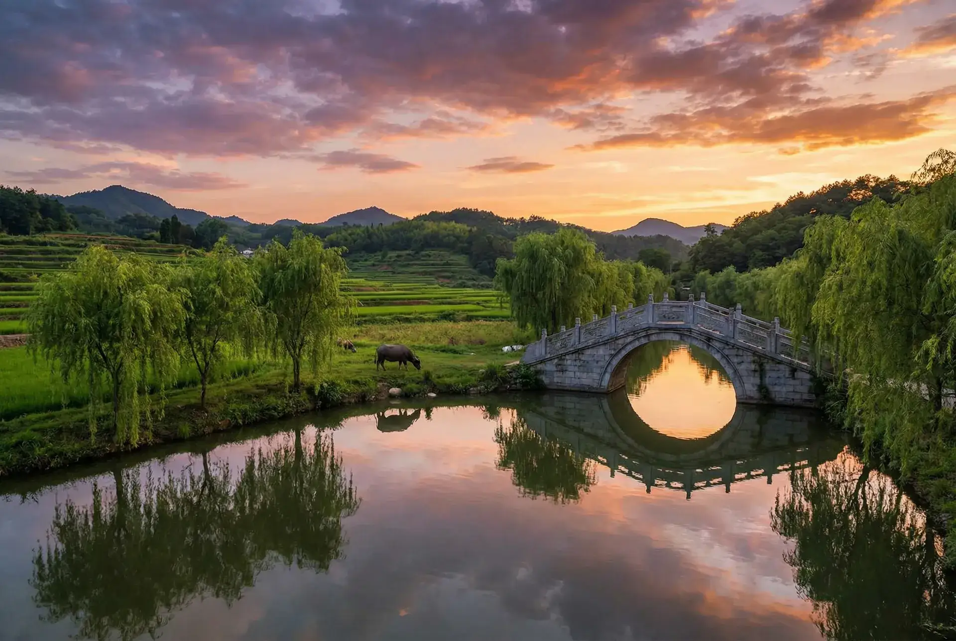 夕阳下的石拱桥与垂柳，水牛在河边吃草 - 微信头像国旗渐变怎么弄 乡村美景